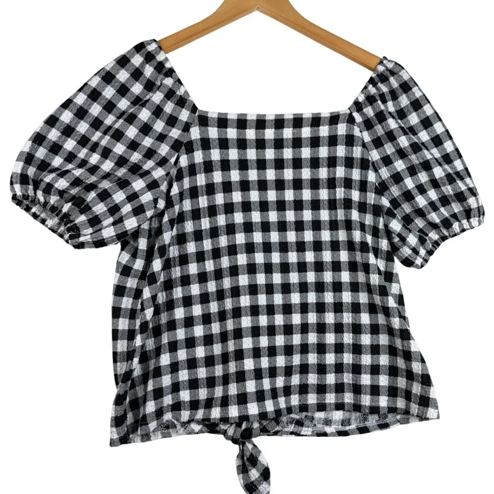 Loft Gingham Textured Square Neck Puff Sleeve Blouse size Small Black/White